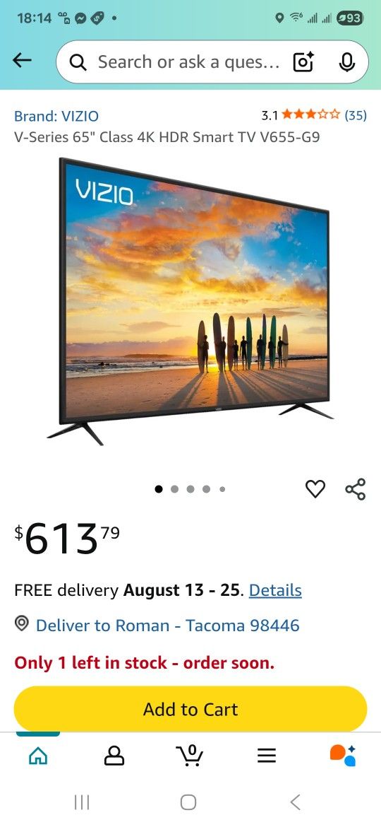 Vizio V-Series 65" Class 4K HDR Smart TV V655-G9 no remote