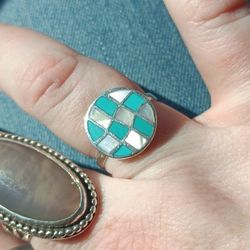 "Old Pawn" Vintage Sterling Silver W/ Abalone And Turquoise Ring