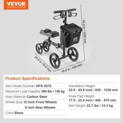 Folding Knee Scooter, Carbon Steel Steerable Knee Walker with Height-Adjustable Handlebar & Knee Pad, All-Terrain Solid Wheels, Dual Brakes, Leg Recov