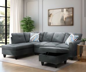 Gray fabric modern style sectional couch and ottoman