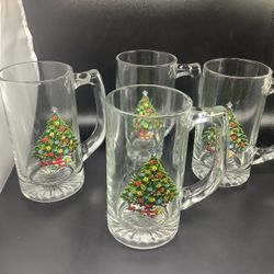 4 Vintage Luminarc Beer Mugs Steins Christmas Tree Sabin 12 Ounce 