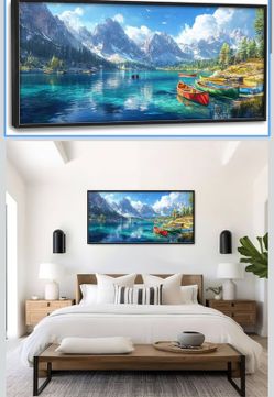 Mountain Large Wall Art for Living Room Lake Landscape Framed Canvas Wall Decor Colorful Boats Pictures Print Painting Modern Home Decoration Extra La