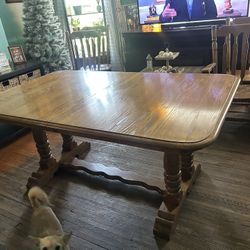 Vintage 1980s Extendable Wooden Trestle Table with Pedastel legs and 8 equally beautiful chairs