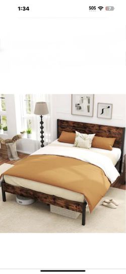 Costway - full Bed Frame with Tall Industrial Headboard Heavy-Duty Metal Slats Support - Brown