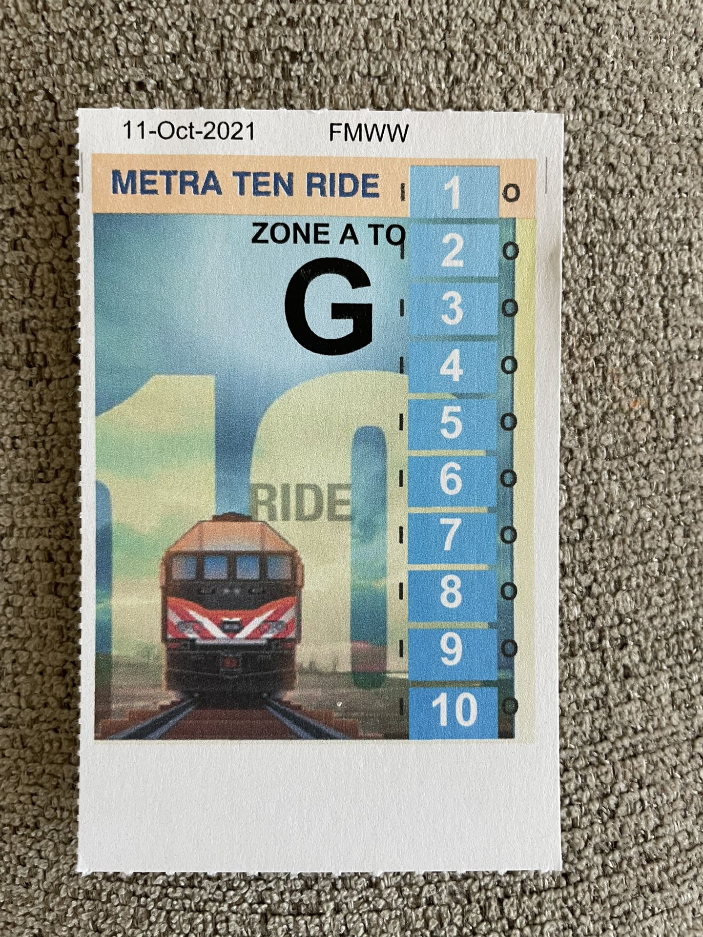 3 Metra Ticket 10 Ride Zone G (Route 59); $50 Per Ticket