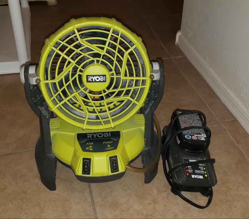 RYOBI ONW BUCKET TOP PORTABLE HYBRID MISTING FAN KIT 18V PMF01ID W/ BATTERY & CHARGING DOCK