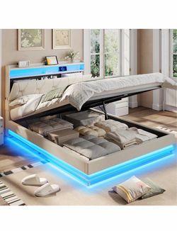 Full Size Lift Up Storage Bed Frame, Storage Headboard with Charging Station, LED Lights Upholstered Platform Bed, No Box Spring Needed
