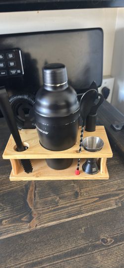 Matte Black Cocktail Shaker Set with Wooden Stand