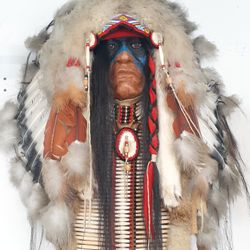 Native American Wall Hanging W/ Headdress $750.00. Headdress made of real feathers.. Measurements are36" long x 26" w.