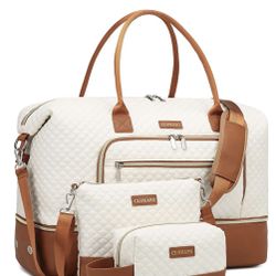 Weekender Bags for Women, Travel Tote Duffle Bag Carry On Overnight Bag with Cosmetics Bag and Crossbody Purse for Gym Hospital, Gifts for Women, Beig