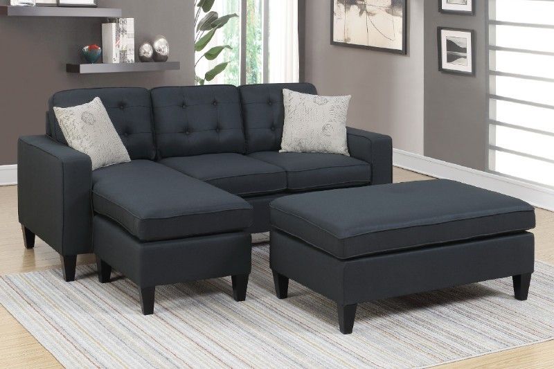 Brand New Black Reversible 3pc Sectional Sofa With Ottoman