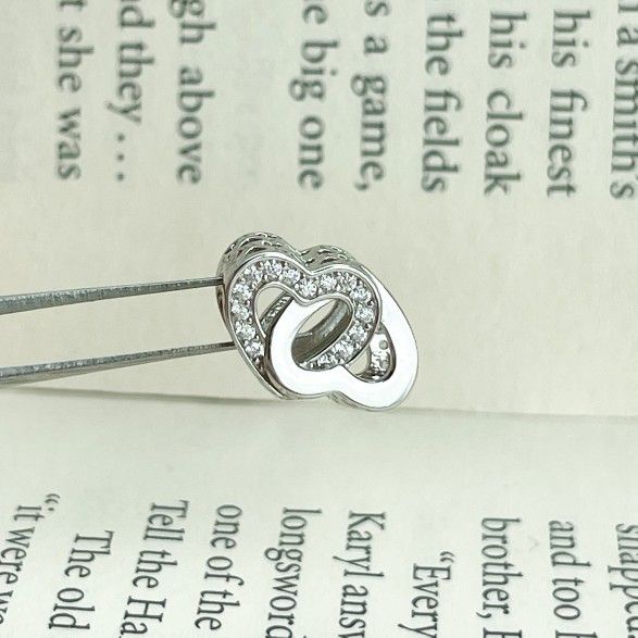 Double Heart Charm Bead with Diamond Accent, Romantic Design, Fits Pandora Bracelets