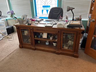 Large Wood Executive Desk with Glass Cabinet Doors