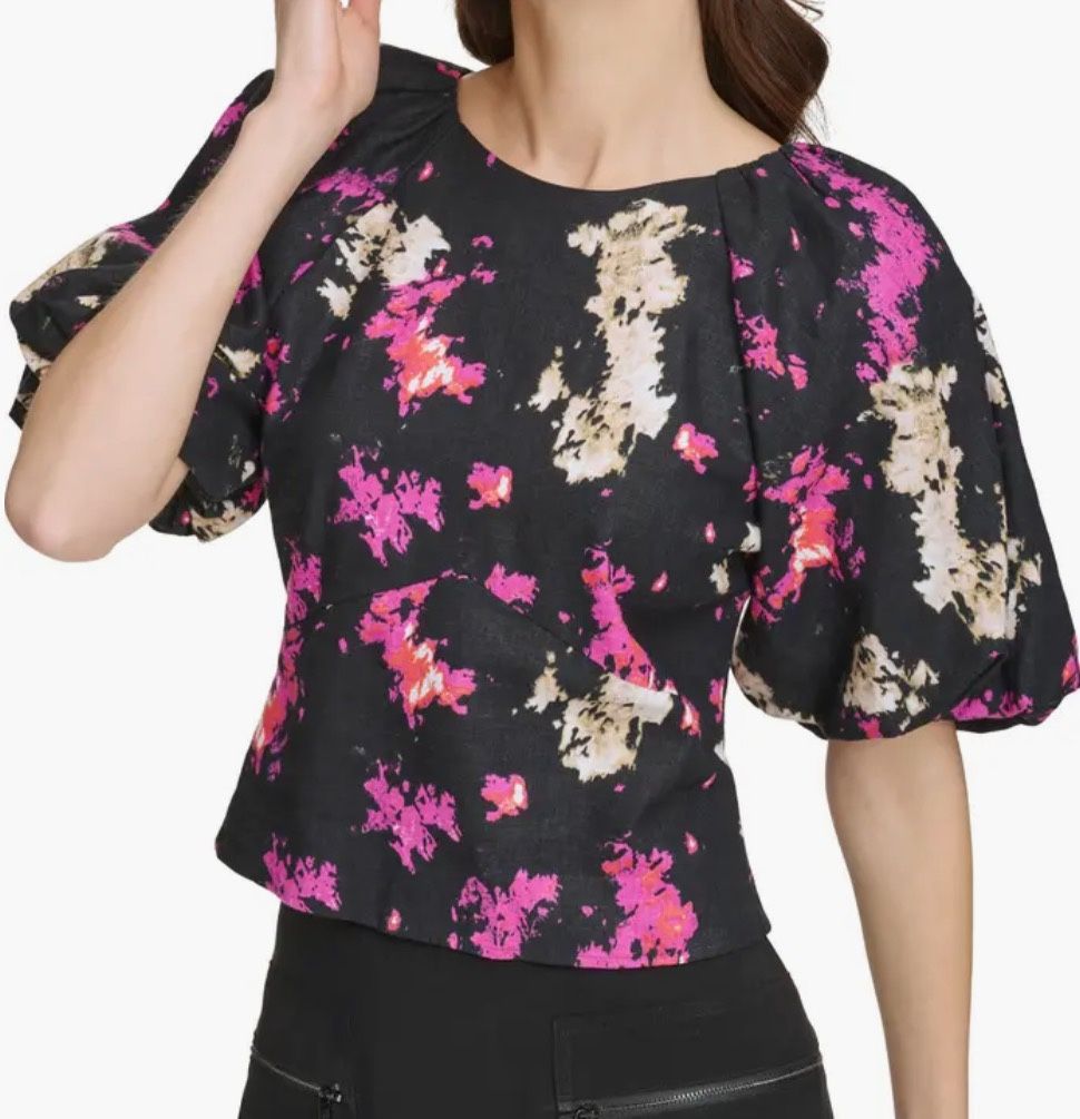 DKNY Abstract Print Puff Sleeve Linen Blend Top
