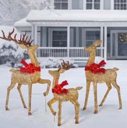 Gold deer family LED with twinkle lights set of 3