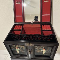 Vintage Asian Japanese Oriental Black Lacquer MothePearl Jewelry Box Drawers