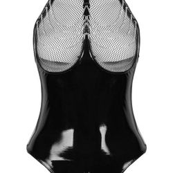 Women's Wet Look Leather Halter Bodysuit Zipper Crotch Mesh Patchwork Leotard Catsuit Clubwear

