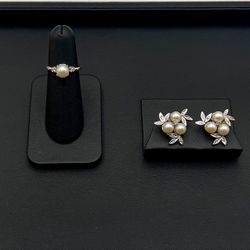 14k solid white gold Pearl 0.65CTW  Diamond Set of earrings & ring 6.5 size