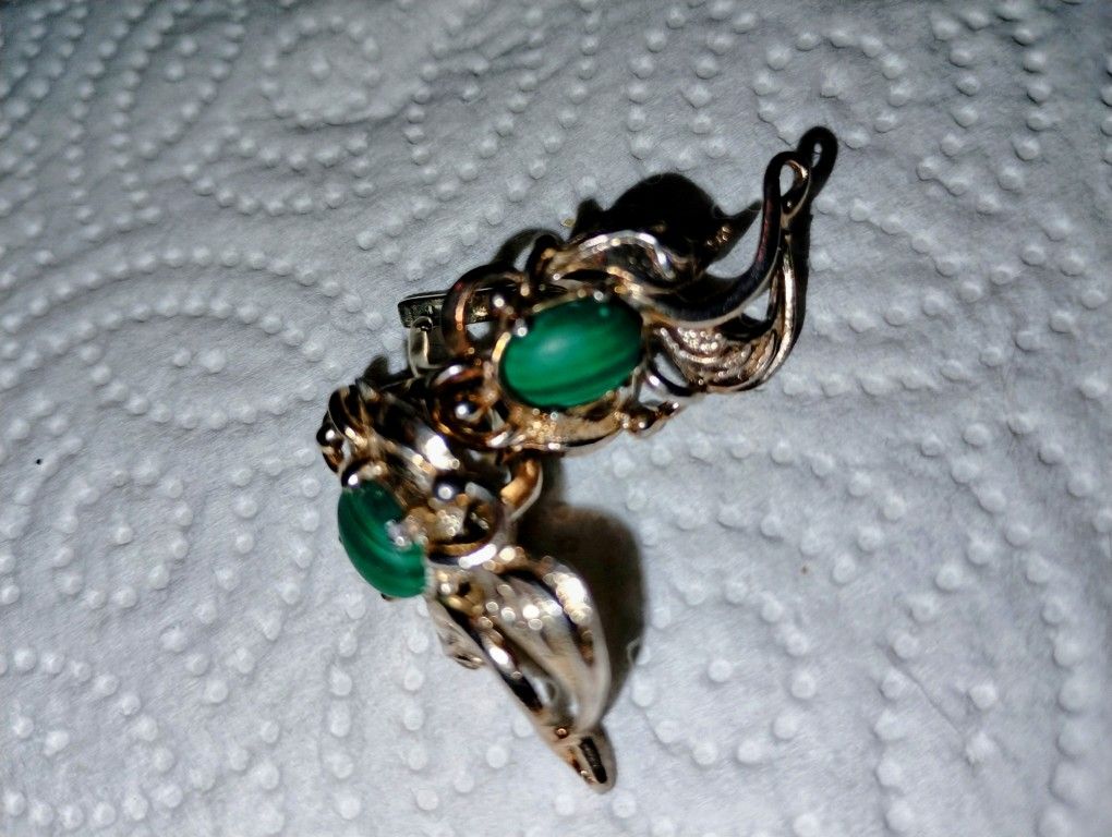 Vintage Soviet Sterling Silver Earrings W/Malachite