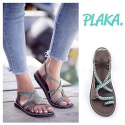 Plaka Palm Leaf Flat Women's Sandals in Turquoise (8)