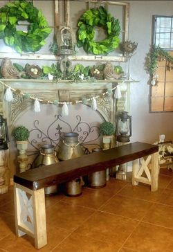 Solid wood! Rustic farmhouse-style bench with an X-brace design.  Reduced to $150!!!