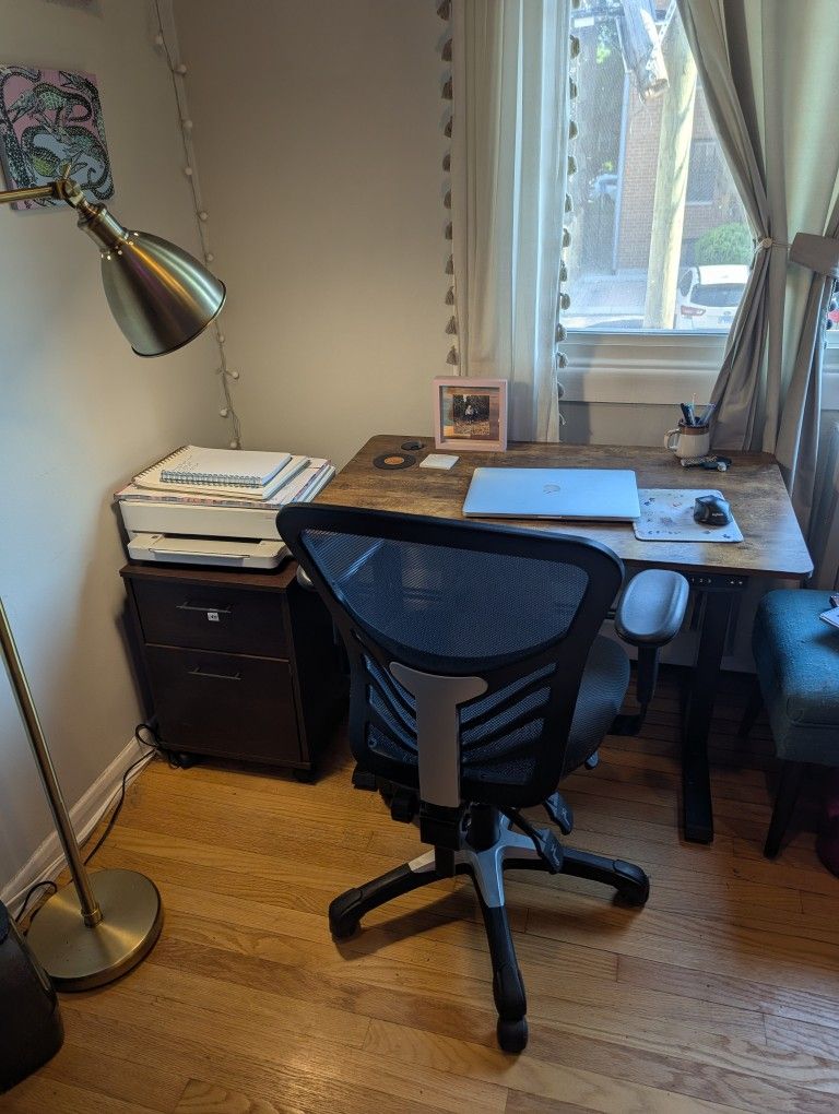 Home Office Setup with Adjustable Height Desk, Chair, and File Cabinet