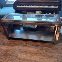  REALLY NEAT LOOKING VINTAGE  sofa TABLE  WITH A  SMOKE BROWN  GLASS  IN THE MIDDLE 
