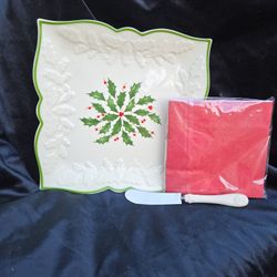 Lenox Carved Square Tray With Knife And Napkins