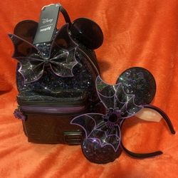 NWT Sold Out Exclusive Minnie Mouse Sequin Spider Web Loungefly Backpack & Ears