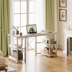 48 Inch Small Computer Desk with Power Outlets & USB Charging Port, Home Table with Storage Shelves, Student Laptop PC Desks for Small Spaces Home Off