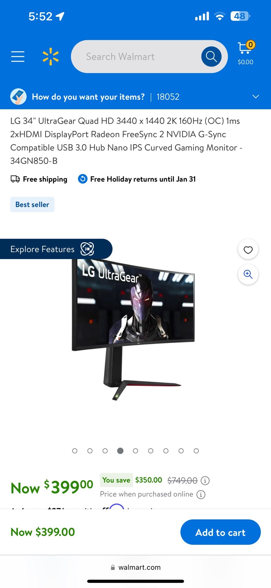 34" 160hz Curved 1440p LG UltraGear GamingMonitor