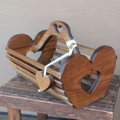 Vintage Primitive Cottagecore Heart Cut Out Wood Caddy Book/Magazine Holder