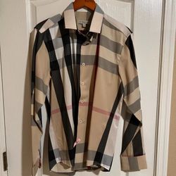 Burberry Classic Plaid Long Sleeve Button Down Shirt Tan Size Medium 