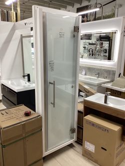 24” by 79” shower door, swinging, satin nickel hardware, available for pick up
