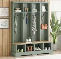 Modern 3-in-1 Green Wood Hall Tree with 8 Hooks, Coat and Shoe Rack, Practical Entryway Bench