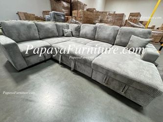 NEW LARGE U Shape Sectional with Storage CHAISE and Pullout Sleeper Bed Light Grey Fabric BIG Couch SALE Ashley Style Furniture Warehouse Clearance