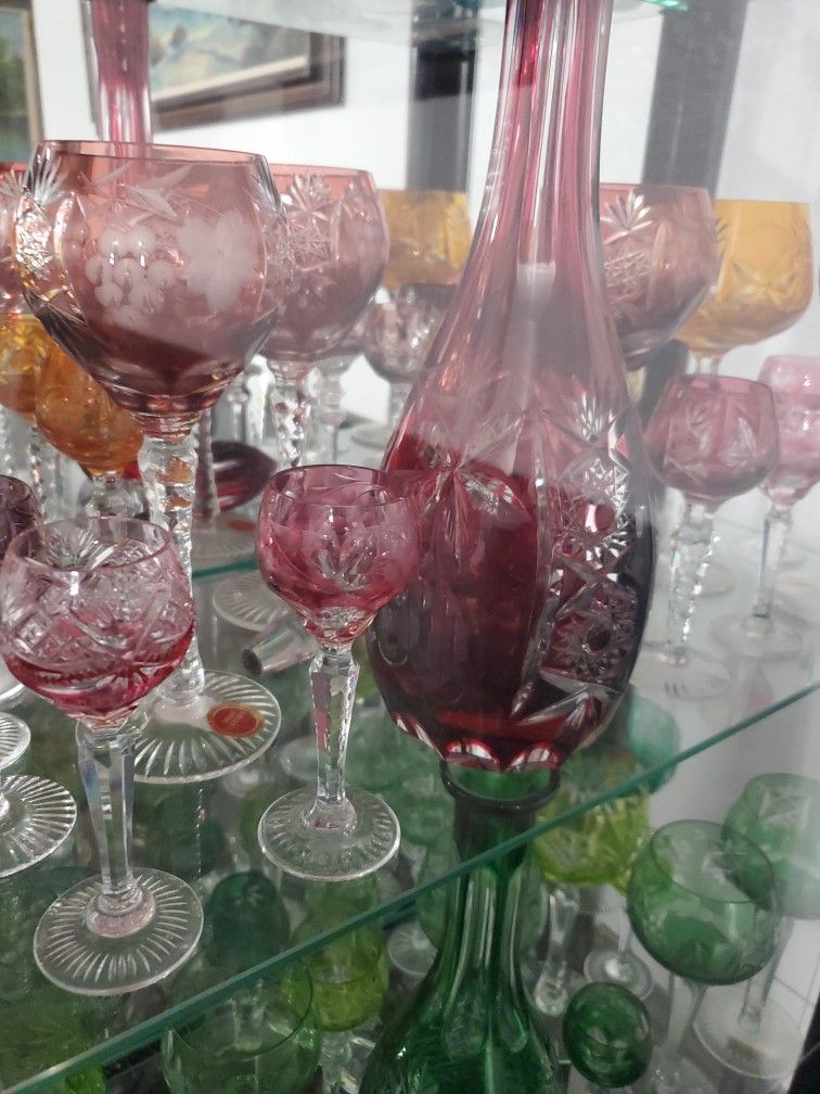 Bohemian Crystal Cut To Clear Decanter With 15 Goblets