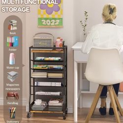 😀 7 Tier Rolling File Cart with Sliding Trays, Wood Metal File Organizer Beside Desk, Free-Standing File Holder, Paper Letter Tray Organizer Mesh Des