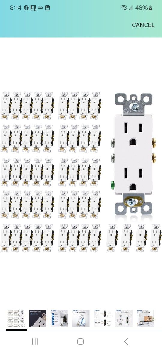 White Decorator Receptacle, 15A 125V Standard Electrical Wall Outlet, 2 Pole 3 Wire, Non- Tamper Resistant, NEMA 5-15R, Self-Grounding Residential Gr