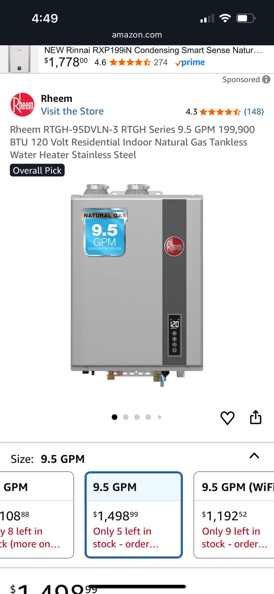 Rheem Tankless Natural Gas Water Heater 199,900 BTU