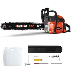 20inch 62CC Gas Powered Chainsaw, 2-Stroke Engine Professional Chainsaw with Ergonomic Non-Slip Handle & Dual Fuel Tanks for Wood Cutting, Tree Trimmi