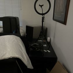 Chair, ottoman, and Desk.