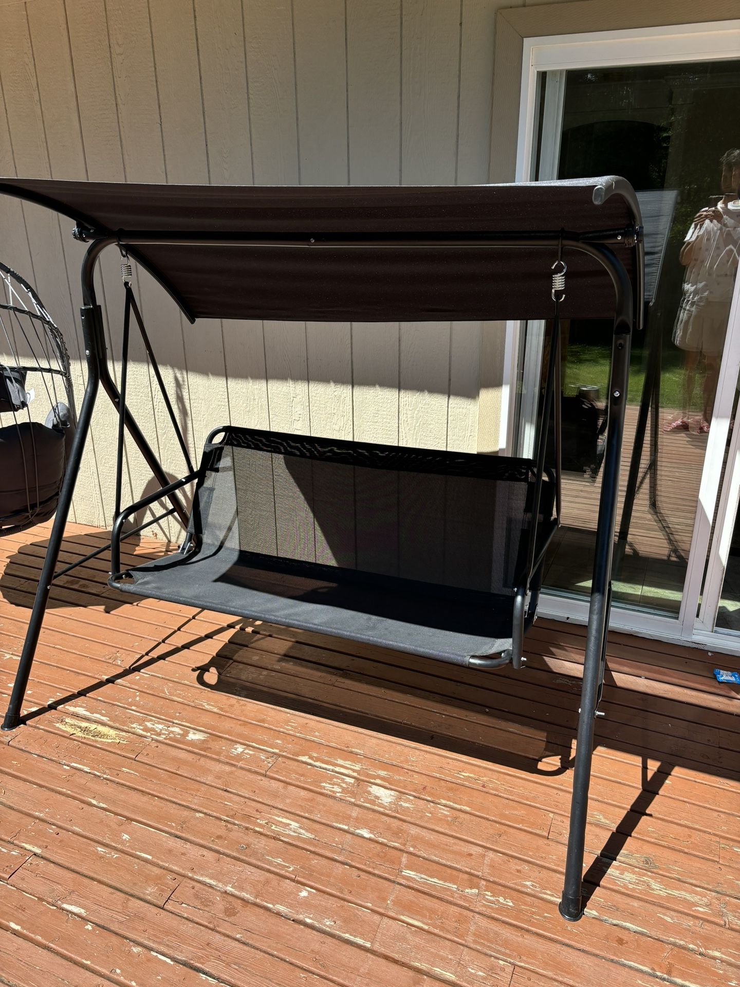 Black 3 Seat Patio Swings with Canopy, Outdoor Porch Swing Chair with Stand, Adjustable Canopy Swing Sets for Backyard, Poolside, Patio Seating Porch