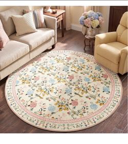 Brandnew 6ft Round Rug, Washable Floral Rug Non Slip Soft,Beige/Pink