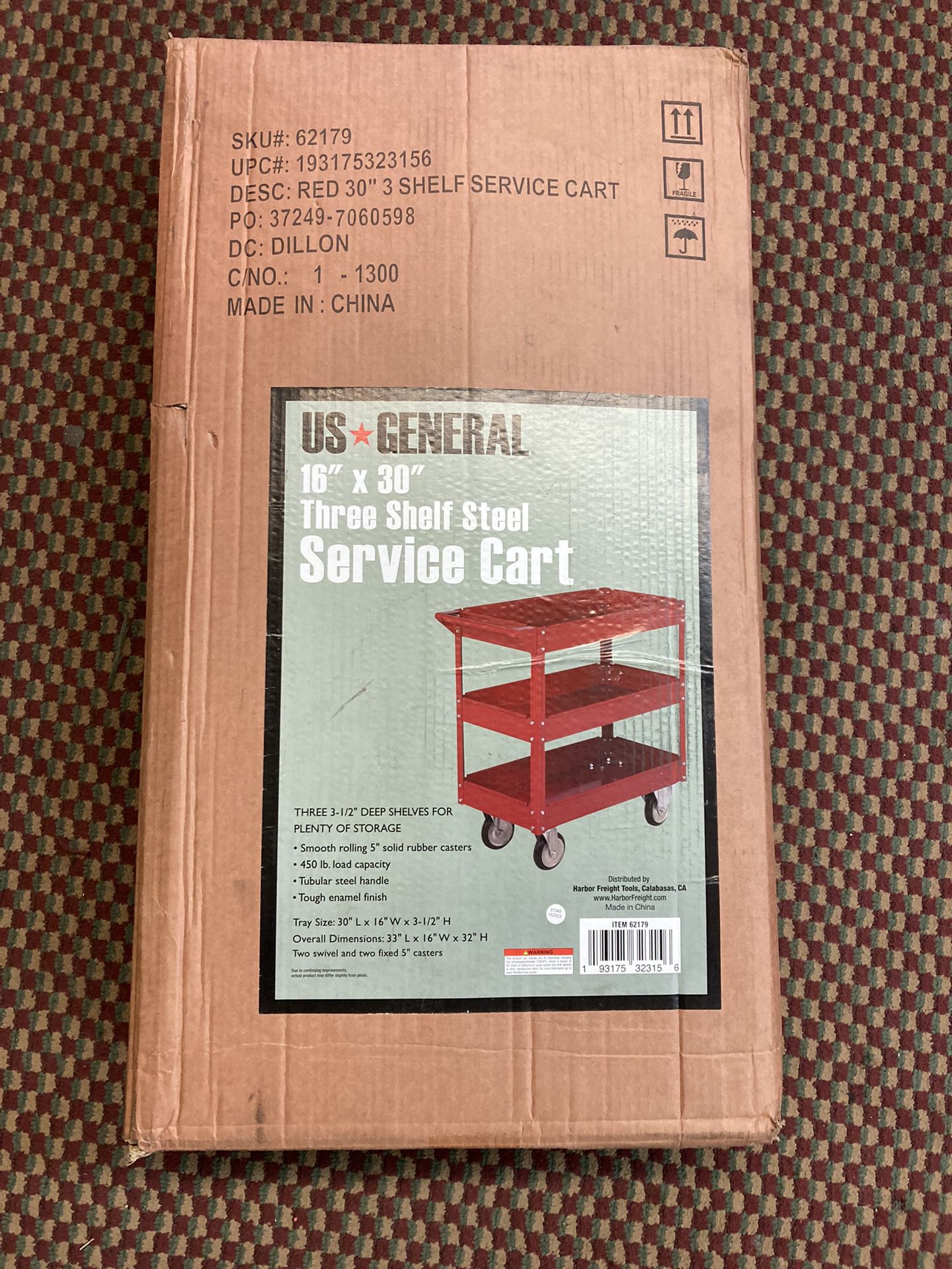 Us General 30 Inch Time 16 Inch Three Shelf Steel Service Cart Red