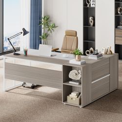 71 inch Executive Desk, L Shaped Desk with Cabinet Storage, Executive Office Desk with Shelves, Business Furniture Set Workstation for Home Office, Gr