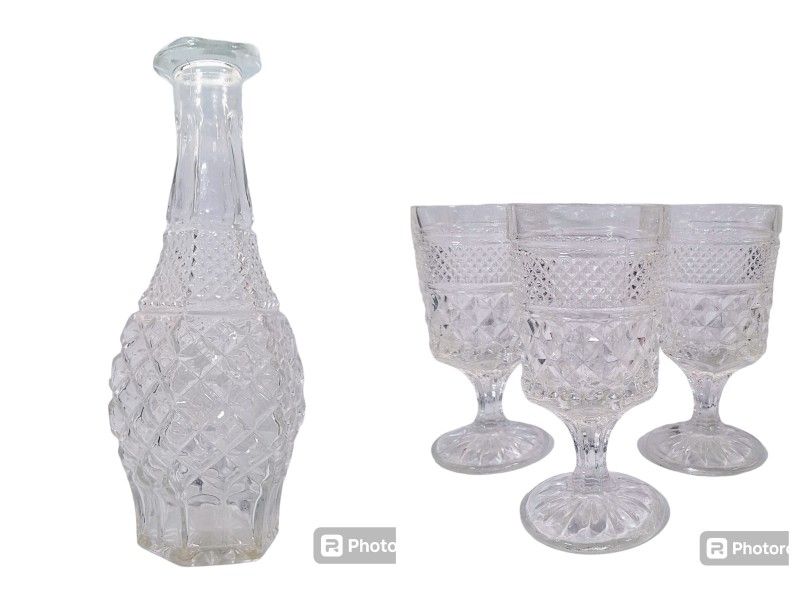 Vintage Anchor Hocking Wexford Decanter and Stemmed Wine Glasses