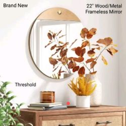 Brand New Threshold  22" Round Wood Metal Framless Mirror