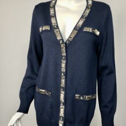 Brand new St. John Black Label Navy Metallic Wool Knit Cardigan