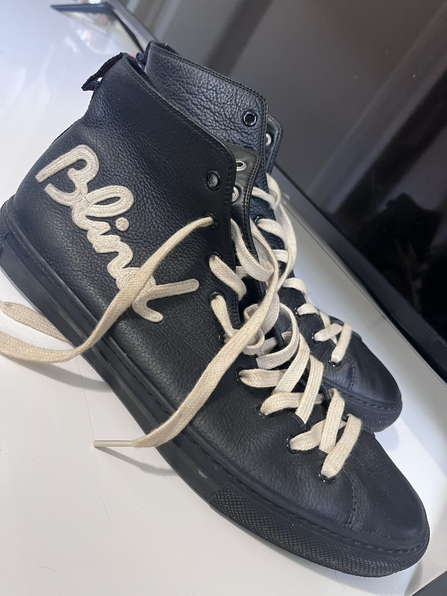 GUCCI “Blind For Love” Black Leather High Top Sneakers, Size